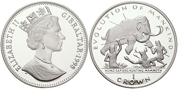 Гибралтар 1 крона 1998 Эволюция человечества -человек разумный (Homo Sapiens) охотящийся на мамонта KM 720 медно-никель PROOF 11-038-23