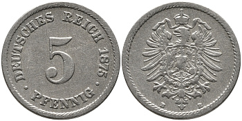 ГЕРМАНИЯ 5 ПФЕННИГОВ 1875 В, СТАРОГЕРБОВКА KM 3, J.3 медно-никель 96-615
