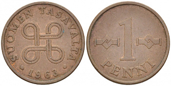 Финляндия 1 пенни 1963 первый год KM 44 медь 3718-113