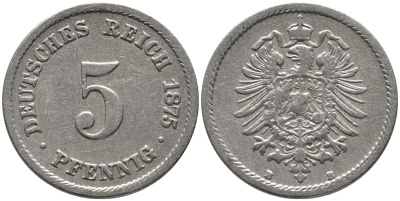 ГЕРМАНИЯ 5 ПФЕННИГОВ 1875 В, СТАРОГЕРБОВКА KM 3, J.3 медно-никель 96-615