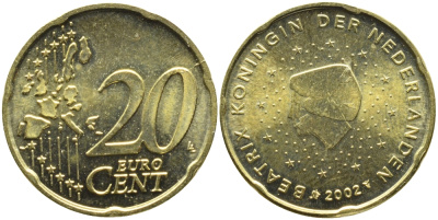 Нидерланды 20 евроцентов 2002 Беатрикс (1980-2013) KM 238 латунь UNC 4391-323