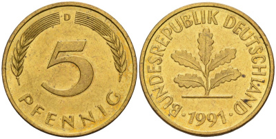 ФРГ 5 пфеннигов 1991 D KM 107, J.382 сталь плакированная латунью 4174-1112