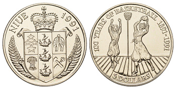 Ниуэ 5 долларов 1991 100 лет баскетболу KM 144 медно-никель BU 11-262-33