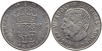 Швеция 1 крона 1973 Густав VI Адольф (1950-1973) KM 826а медь плакированная медно-никелем 4395-523