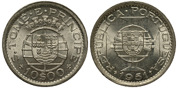 Португальское Сан-Томе и Принсипи 10 эскудо 1951 год тип KM 14 серебро UNC 00-00