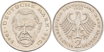 ФРГ 2 марки 1991 F, Людвиг Эрхард, 40 лет Федеративной Республике (1948-1988) KM 170, J. 445 медно-никель плакированный никелем 4583-531