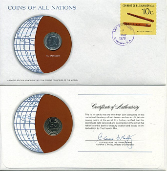САЛЬВАДОР 50 ЦЕНТОВ 1977 ХОСЕ МАТИАС ДЕЛЬГАДО KM 140.2 никель, МОНЕТА В КОНВЕРТЕ , С МАРКОЙ ПЕРВОГО ДНЯ ГАШЕНИЯ UNC 4294-15-2