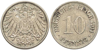 ГЕРМАНИЯ 10 ПФЕННИГОВ 1914 G KM 12, J. 13 медно-никель 210-722