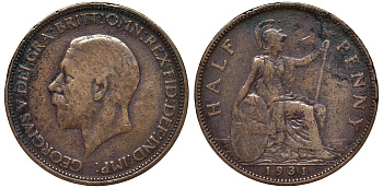 Великобритания 1/2 пенни 1931 Георг V (1910-1936) KM 837, Spink 4058 бронза 4122-741