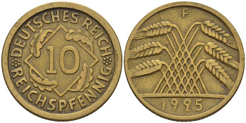 ГЕРМАНИЯ 10 РЕЙХСПФЕННИГОВ 1925 A KM 40, J. 317 алюминиевая бронза 4401-426