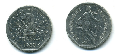 ФРАНЦИЯ 2 ФРАНКА 1980 СЕЯТЕЛЬ KM 942.1, LE FRANC 272.4 никель 25-2426