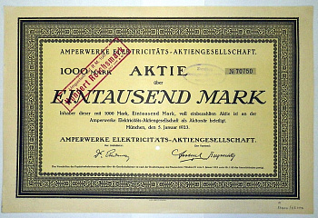Германия акция в 1000 марок 1923 АО "Амперверке Электрик", Amperwerke Elektricitats AG бумага 5553-8