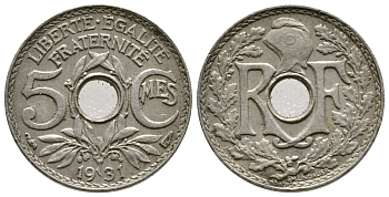 Франция 5 сантимов 1931 тип Линдайё KM 875, Le Franc 122.14 медно-никель 4608-651