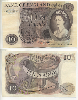 АНГЛИЯ 10 ФУНТОВ 1966-1970 ПОДПИСЬ J.S. FLORDE Pick 376b бумага aUNC 000-000-00