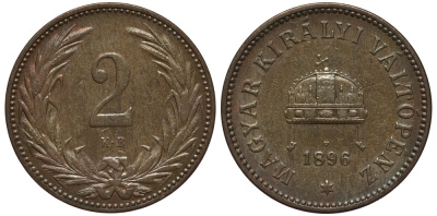 Венгрия 2 филлера 1896 KB, Франц Иосиф I (1848-1916) KM 481 бронза 201-222