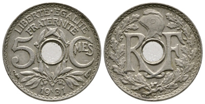 Франция 5 сантимов 1931 тип Линдайё KM 875, Le Franc 122.14 медно-никель 4608-651