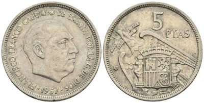 Испания 5 песет 1957 (73) Франсиско Франко (1939-1975) KM 786 медно-никель 85-727
