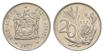 ЮАР 20 центов 1977 герб, цветок протея KM 86 никель 4601-223