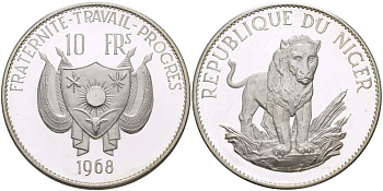 Нигер 10 франков 1968 лев, без черты над Е, в слове Republique KM 8.2 серебро PROOF 00-000-00