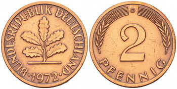 ФРГ 2 ПФЕННИГА 1972 D KM 106a, J.381a сталь плакированная сталь плакированная медьюю 4532-1254