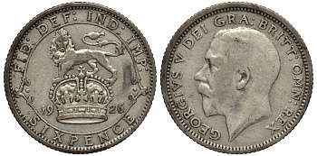 Великобритания 6 пенсов 1926 Георг V (1910-1936), есть зазор над буквой I KM 815a.1, Spink 4024 серебро 4539-156