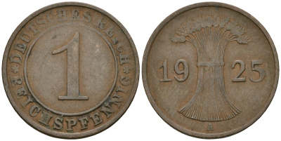 Германия 1 рейхспфенниг 1925 A KM 37, J. 313 бронза 4189-1111