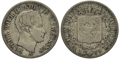 Пруссия 1/6 талера 1839 A, Фридрих Вильгельм III (1797-1840) KM 411 серебро 1519-1432