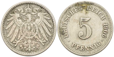 ГЕРМАНИЯ 5 ПФЕННИГОВ 1906 F KM 11, J. 12 медно-никель 206-1219