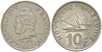 Французская Новая Каледония 10 франков 2007 рыбачья парусная лодка, (IEOM) KM 11a, Schoen 13a, Lec 99k медно-никель 60-213