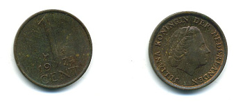 НИДЕРЛАНДЫ 1 ЦЕНТ 1974 ЮЛИАНА KM 180 бронза 54-115