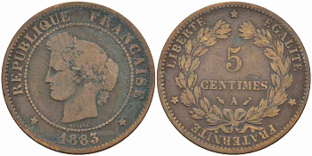 ФРАНЦИЯ 5 САНТИМОВ 1883 А, ТРЕТЬЯ РЕСПУБЛИКА (1871-1940) KM 821.1, LE FRANC 118.25 бронза 108-632