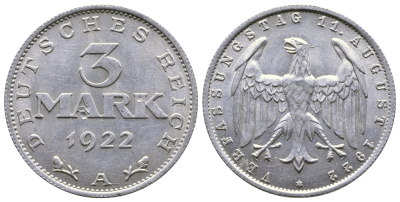 Германия 3 марки 1922 A, третья годовщина Веймарской Конституции KM 29, J. 303 алюминий 36-115
