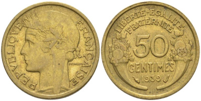 ФРАНЦИЯ 50 САНТИМОВ 1939 ТИП MORLON KM 894.1, LE FRANC 192.15 алюминиевая бронза 44-835