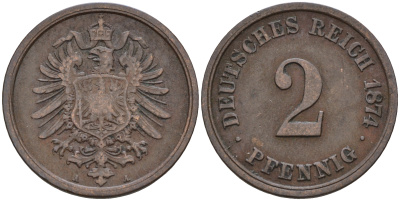 Германия 2 пфеннига 1874 А, старогербовка KM 2, J.2 медь    4596-251