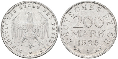 Германия 200 марок 1923 A KM 35, J. 304, Weege 22 алюминий UNC 4586-232