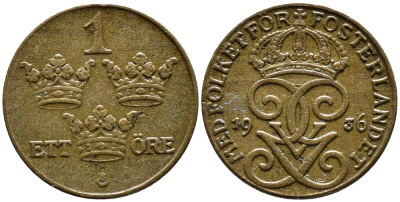 Швеция 1 эре 1936 длинная 6, Густав V (1907-1950) KM 777.2 бронза 4387-1216