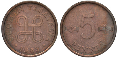 ФИНЛЯНДИЯ 5 ПЕННИ 1963 KM 45 медь 3334-1045
