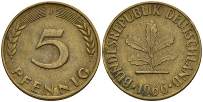 ФРГ 5 пфеннигов 1966 J J.382, KM 107 сталь плакированная латунью    4598-941