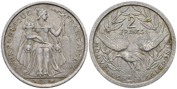 Французская Новая Каледония 2 франка 1977 птица кагу, (IEOM) KM 14, Schoen 11, Lec 58 алюминий    27-423