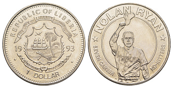 Либерия 1 доллар 1993 Нолан Райан KM 101 медно-никель BU 00-1067-2-31