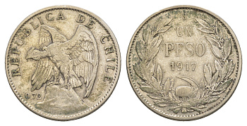 Чили 1 песо 1917 KM 152.4 серебро 443-843