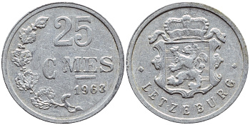 ЛЮКСЕМБУРГ 25 САНТИМОВ 1963 KM 45а.1 алюминий 4398-825