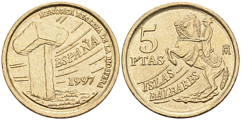 Испания 5 песет 1997 Хуан Карлос I (1975-2014), Балеарские острова, всадник KM 981 алюминиевая бронза 4567-453