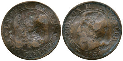 ФРАНЦИЯ 5 САНТИМОВ 1854 W, НАПОЛЕОН III (1852-1870) KM 777.7, LE FRANC 116.15 бронза 4364-1023