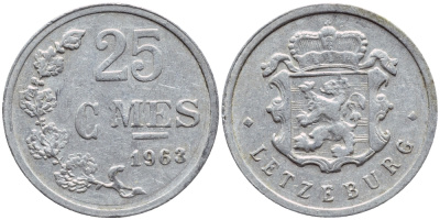 ЛЮКСЕМБУРГ 25 САНТИМОВ 1963 KM 45а.1 алюминий 4398-825
