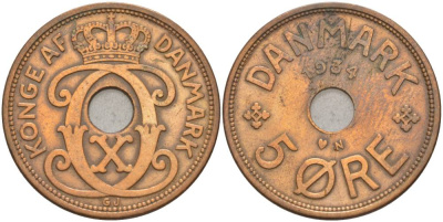 ДАНИЯ 5 ЭРЕ 1934 N; GJ, КРИСТИАН X (1912-1947) KM 828.2 бронза 69-524