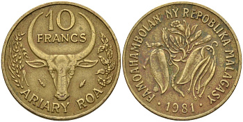 Мадагаскар 10 франков 1981 KM 11 алюминиевая бронза 4141-621