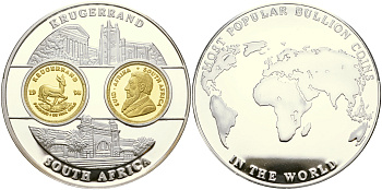 ЮАР МЕДАЛЬ 1998 СЕРИЯ САМЫЕ ИЗВЕСТНЫЕ МОНЕТЫ МИРА, ЗОЛОТОЙ КРЮГЕРАНД сертификат, диаметр 50 мм. посеребренный медноникель PROOF 1066-4-42