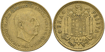 Испания 1 песета 1966 (68) Франсиско Франко (1939 - 1975) KM 796 алюминиевая бронза 4155-346