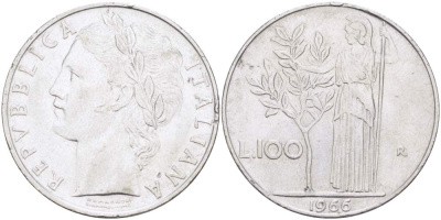 ИТАЛИЯ 100 ЛИР 1966 R, АФИНА KM 96.1 нержавеющая сталь 4526-322